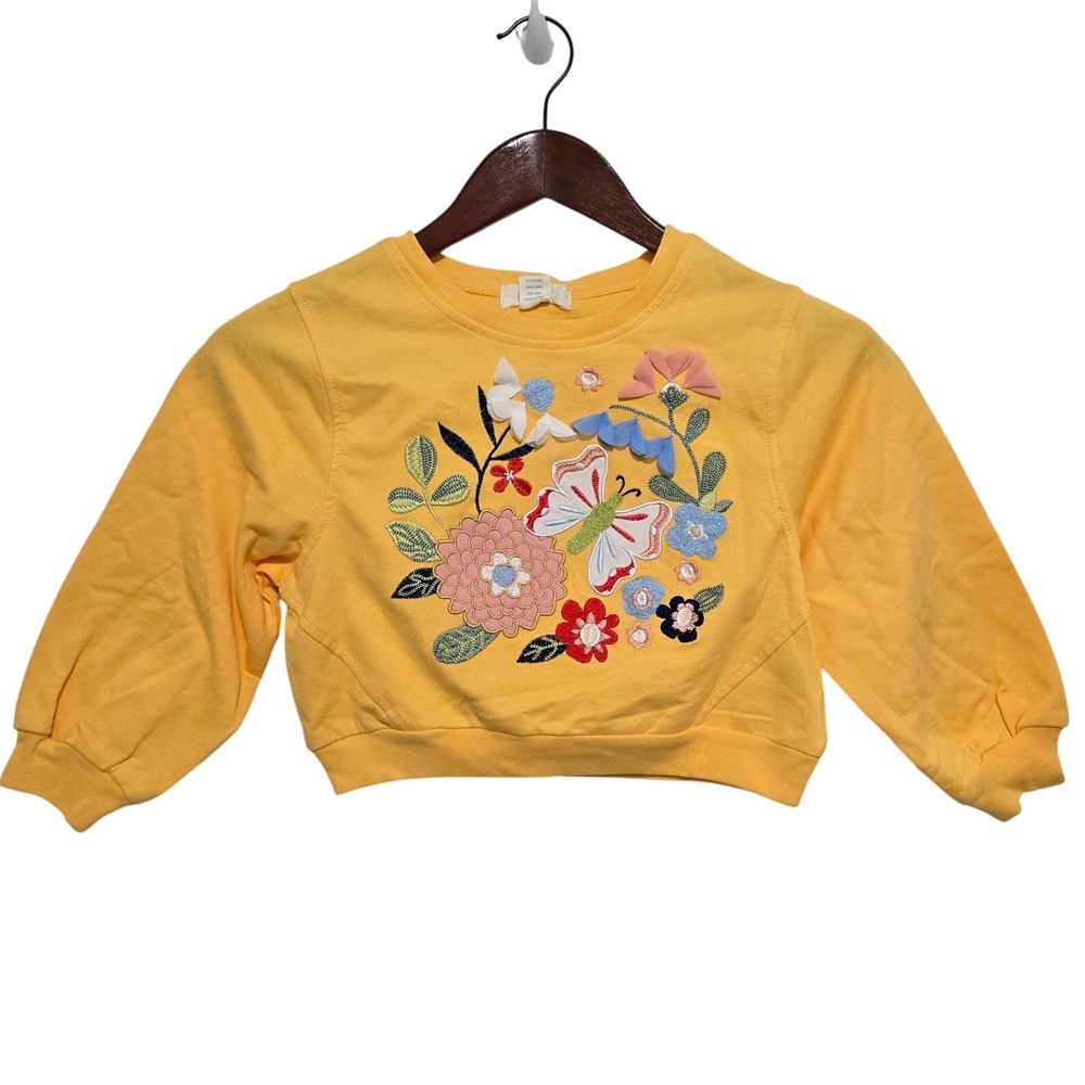 Peek Kids Girls Sweatshirt Yellow Embroidered Floral‎ Butterfly 3D Petal 4-5